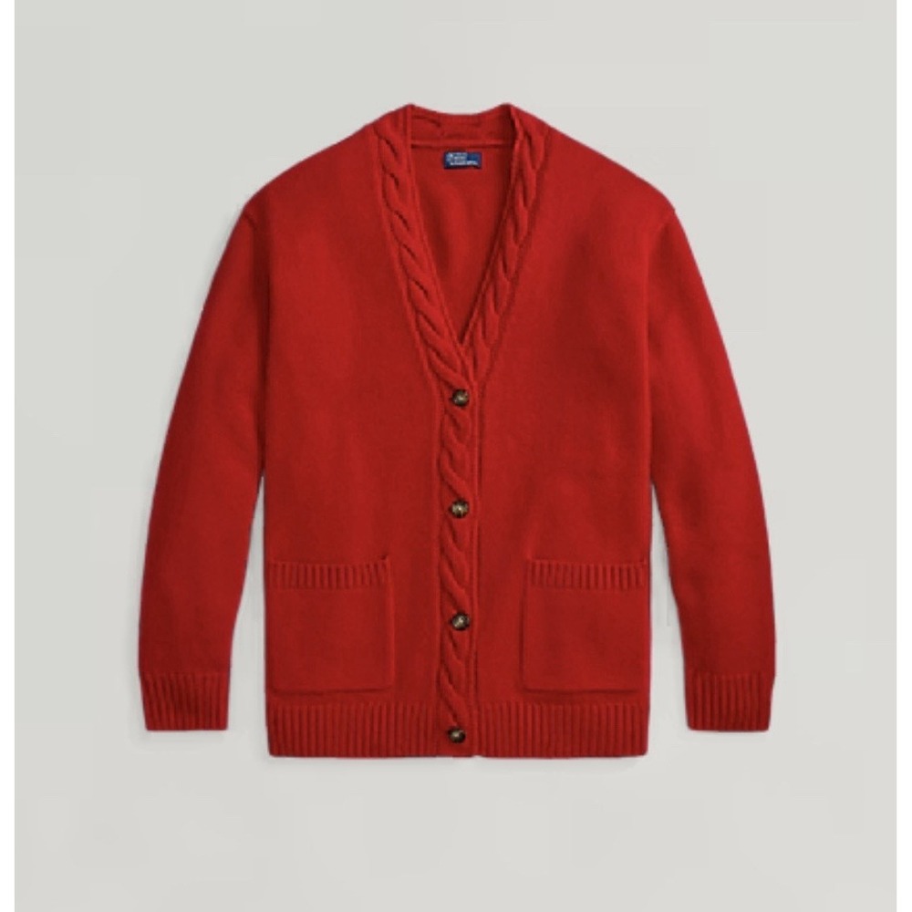 Polo Ralph Lauren Wool Cashmere Cable Trim Cardigan Red Sweater M Italy $398